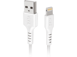 Câble USB vers Lightning blanc. Les deux extrémités sont visibles sur fond noir.