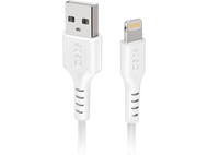 Câble USB vers Lightning blanc. Les deux extrémités sont visibles sur fond noir.