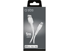 Charger l&#39;image dans la galerie, Un câble USB vers Lightning blanc dans un emballage noir et gris, avec un fond blanc.
