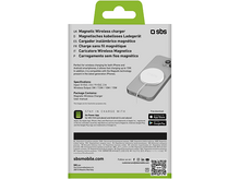 Charger l&#39;image dans la galerie, Chargeur sans fil magnétique blanc avec texte en plusieurs langues et un téléphone.
