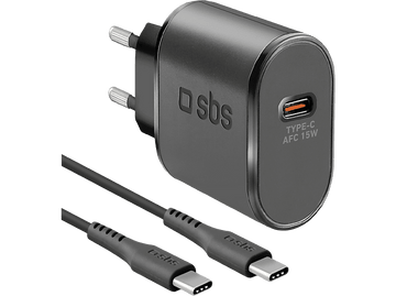 Chargeur noir avec deux câbles, logo SBS et étiquette Type-C AFC 15W.