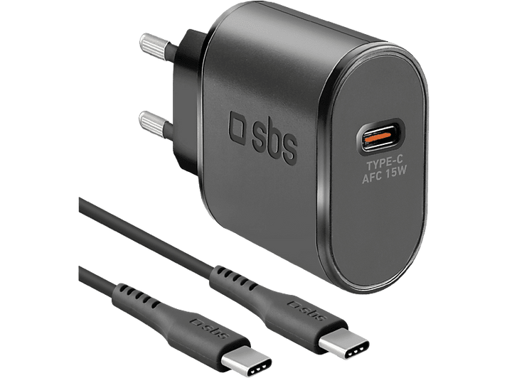 Chargeur noir avec deux câbles, logo SBS et étiquette Type-C AFC 15W.