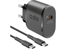 Chargeur noir avec deux câbles, logo SBS et étiquette Type-C AFC 15W.