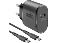 Chargeur noir avec deux câbles, logo SBS et étiquette Type-C AFC 15W.