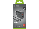 SBS Chargeur 1xUSB-C 20W & 1x USB-A 18W Noir + USB-C Cable 1.5m