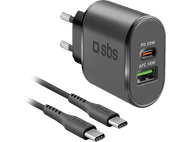 Chargeur mural SBS noir avec deux ports : PD 20W et AFC 18W. Inclut deux câbles USB-C noirs.