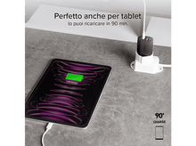 Charger l&#39;image dans la galerie, Tablette en charge avec un chargeur noir, un câble et un support blanc. La tablette est verte et en charge.
