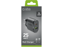 Charger l&#39;image dans la galerie, Un chargeur mural de 25W dans son emballage. Il est noir, avec deux ports, et une palette de couleurs vertes et blanches.
