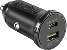 Charger l&#39;image dans la galerie, Chargeur de voiture noir avec deux ports USB, étiquetés &#39;PD 25W&#39; et &#39;AFC 18W&#39;.
