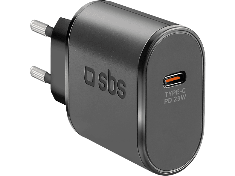 Chargeur noir avec logo SBS et étiquette Type-C PD 25W.