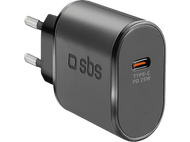 Chargeur noir avec logo SBS et étiquette Type-C PD 25W.