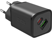 Charger l&#39;image dans la galerie, Chargeur mural noir avec un port USB-C et USB. Le chargeur affiche AFC-18W.
