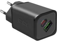 Chargeur mural noir avec un port USB-C et USB. Le chargeur affiche AFC-18W.