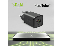 Charger l&#39;image dans la galerie, Chargeur noir avec un téléphone. Texte : GaN Efficient Power, NanoTube et PD 65W. Design moderne.
