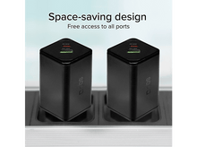 Charger l&#39;image dans la galerie, Deux chargeurs noirs branchés, avec le texte &#39;Conception peu encombrante&#39;.
