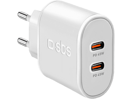 Chargeur blanc avec deux ports USB-C. Le texte 