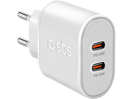 Chargeur blanc avec deux ports USB-C. Le texte 'sbs' est sur le chargeur.