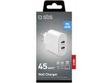 Charger l&#39;image dans la galerie, Chargeur mural blanc avec deux ports USB. Emballage affiche &#39;PD 45W&#39;. Fond noir.
