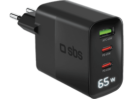 Chargeur noir avec ports USB-C et un affichage numérique. Le texte 