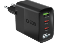 Chargeur noir avec ports USB-C et un affichage numérique. Le texte 'sbs' est sur le chargeur.