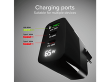 Charger l&#39;image dans la galerie, Adaptateur secteur noir avec plusieurs ports USB-C et texte indiquant la puissance.
