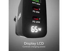 Charger l&#39;image dans la galerie, Adaptateur secteur noir avec écran affichant les ports 65W et AFC 60W.

