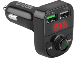 Chargeur de voiture noir avec deux ports USB, affichant 