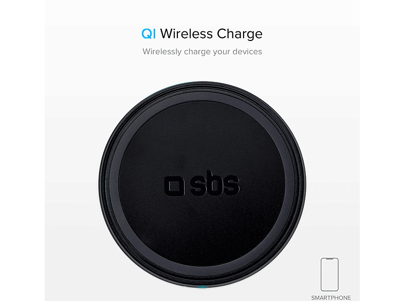 Chargeur sans fil noir rond avec logo sbs, fond blanc.