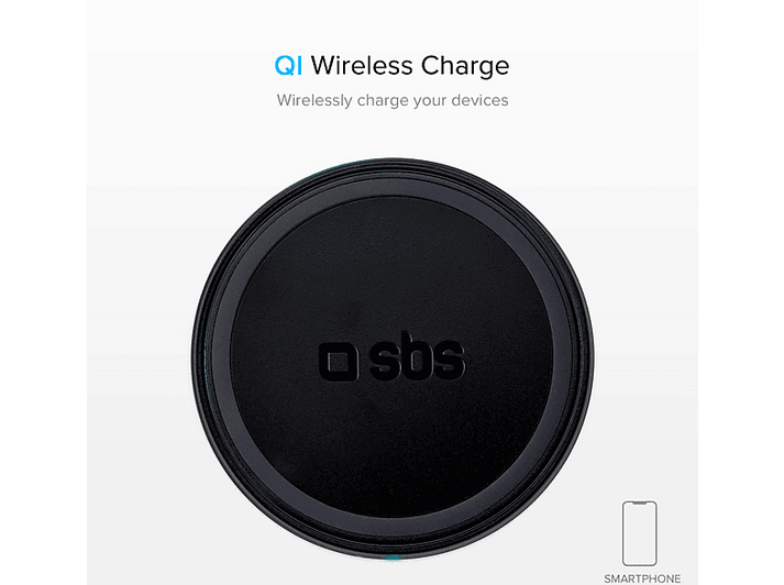 Chargeur sans fil noir rond avec logo sbs, fond blanc.