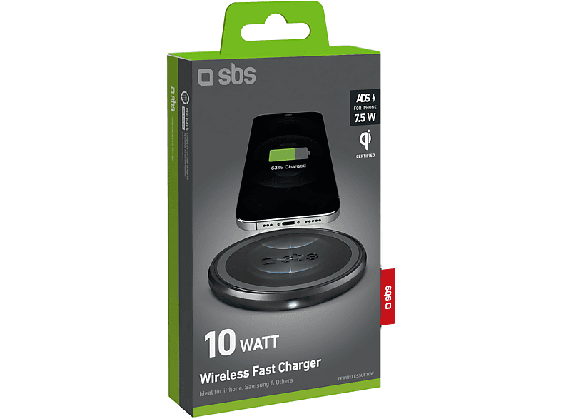 Boîte de chargeur sans fil noir avec image de téléphone, 10W et logo Qi.