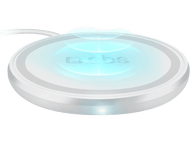 Chargeur sans fil blanc avec lumière bleue et le logo sbs sur fond noir.