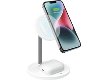 Charger l&#39;image dans la galerie, Support de charge blanc avec un iPhone et des AirPods. Le téléphone affiche un statut de charge de 100 %. Fond noir.
