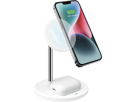 Support de charge blanc avec un iPhone et des AirPods. Le téléphone affiche un statut de charge de 100 %. Fond noir.