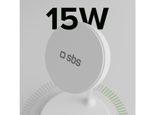 Charger l&#39;image dans la galerie, Un socle de chargement sans fil blanc avec le texte &#39;15W&#39;. Le socle a un design circulaire avec des accents verts.
