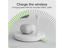 Charger l&#39;image dans la galerie, Chargeur sans fil blanc. Câble vert branché à la base. Graphiques montrent la plaque de charge.
