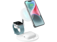 Station de recharge blanche avec un téléphone, une montre et des écouteurs. Tous les appareils chargent.