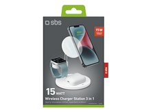 Charger l&#39;image dans la galerie, Boîte de chargeur sans fil avec téléphone, montre et écouteurs. Chargeur et boîte blancs. 15W affiché.
