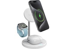 Charger l&#39;image dans la galerie, Station de charge blanche avec un téléphone, des écouteurs et une montre. Le téléphone affiche une icône de chargement.
