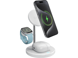 Station de charge blanche avec un téléphone, des écouteurs et une montre. Le téléphone affiche une icône de chargement.