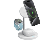 Station de charge blanche avec un téléphone, des écouteurs et une montre. Le téléphone affiche une icône de chargement.