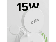 Charger l&#39;image dans la galerie, Chargeur sans fil blanc avec deux petits points de charge et texte 15W.
