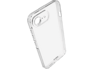 Coque de téléphone transparente sur fond noir, montrant la caméra du téléphone.