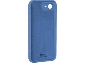 Intérieur de coque de téléphone bleu. Intérieur en tissu bleu avec découpes pour téléphone et caméra.
