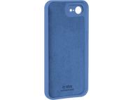 Intérieur de coque de téléphone bleu. Intérieur en tissu bleu avec découpes pour téléphone et caméra.