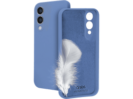 Un étui de téléphone bleu avec une plume et un téléphone. L