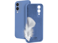 Un étui de téléphone bleu avec une plume et un téléphone. L'étui est ouvert et montre la texture intérieure.
