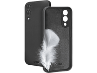 Coque de téléphone noire avec une plume et une seconde coque. Le logo Samsung est visible.