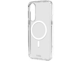 Une coque de téléphone transparente avec un cercle blanc et un signe moins. Elle porte le logo de la marque 