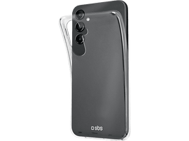 Smartphone dans une coque transparente. Le téléphone est noir, avec des objectifs.