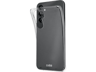 Smartphone dans une coque transparente. Le téléphone est noir, avec des objectifs.